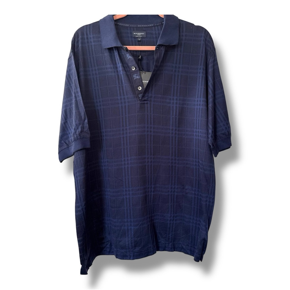 Burberry Golf Dark Blue Checkered Polo Shirt - Size L - Brand New With Tags
